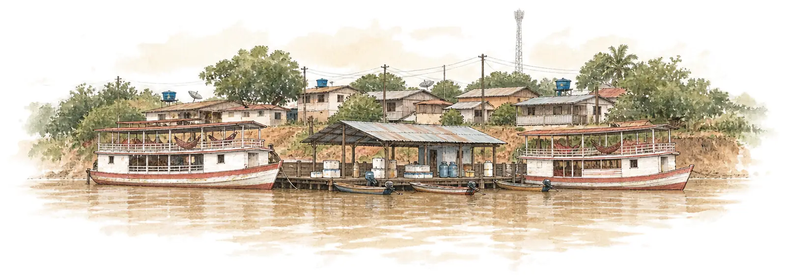 Aquarela da beira de uma cidade ribeirinha vista do rio barrento: dois barcos de recreio de dois andares com redes armadas, um porto flutuante coberto com caixas de isopor e bujões, canoas com motor de rabeta, casas de madeira no barranco, caixas-d'água azuis, antenas e uma torre de celular.