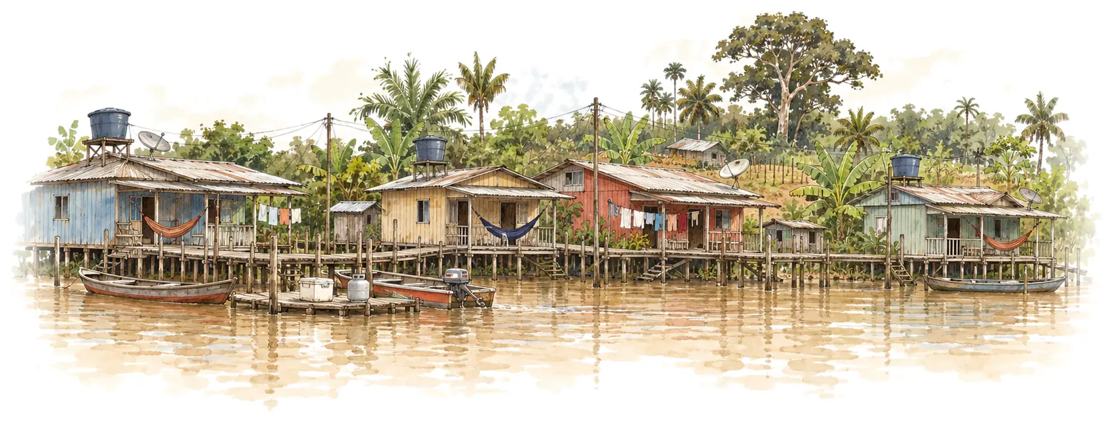 Aquarela de uma comunidade de várzea na cheia: casas de madeira coloridas sobre palafitas ligadas por passarelas, redes armadas nas varandas, roupa no varal, caixas-d'água e antenas, canoas e um flutuante com isopor e bujão; atrás, bananeiras, açaizeiros e uma castanheira alta.